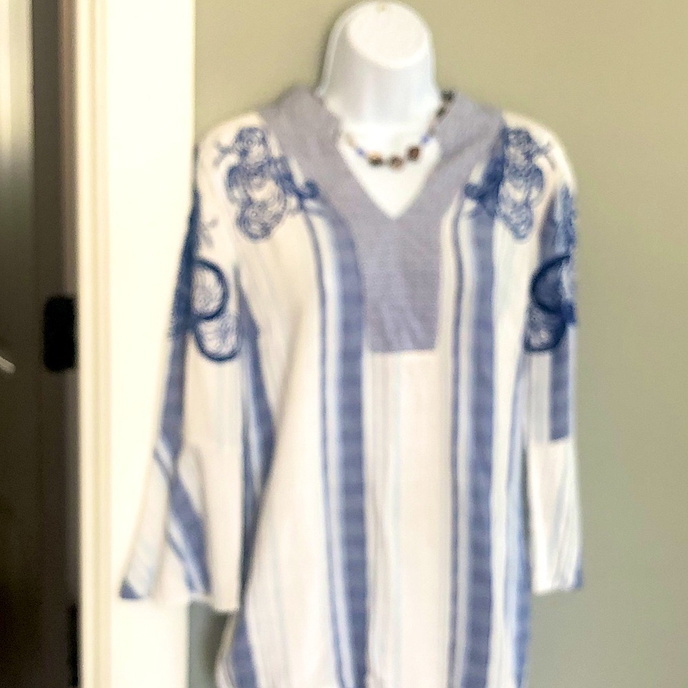 Blue and White Chico’s Tunic Top